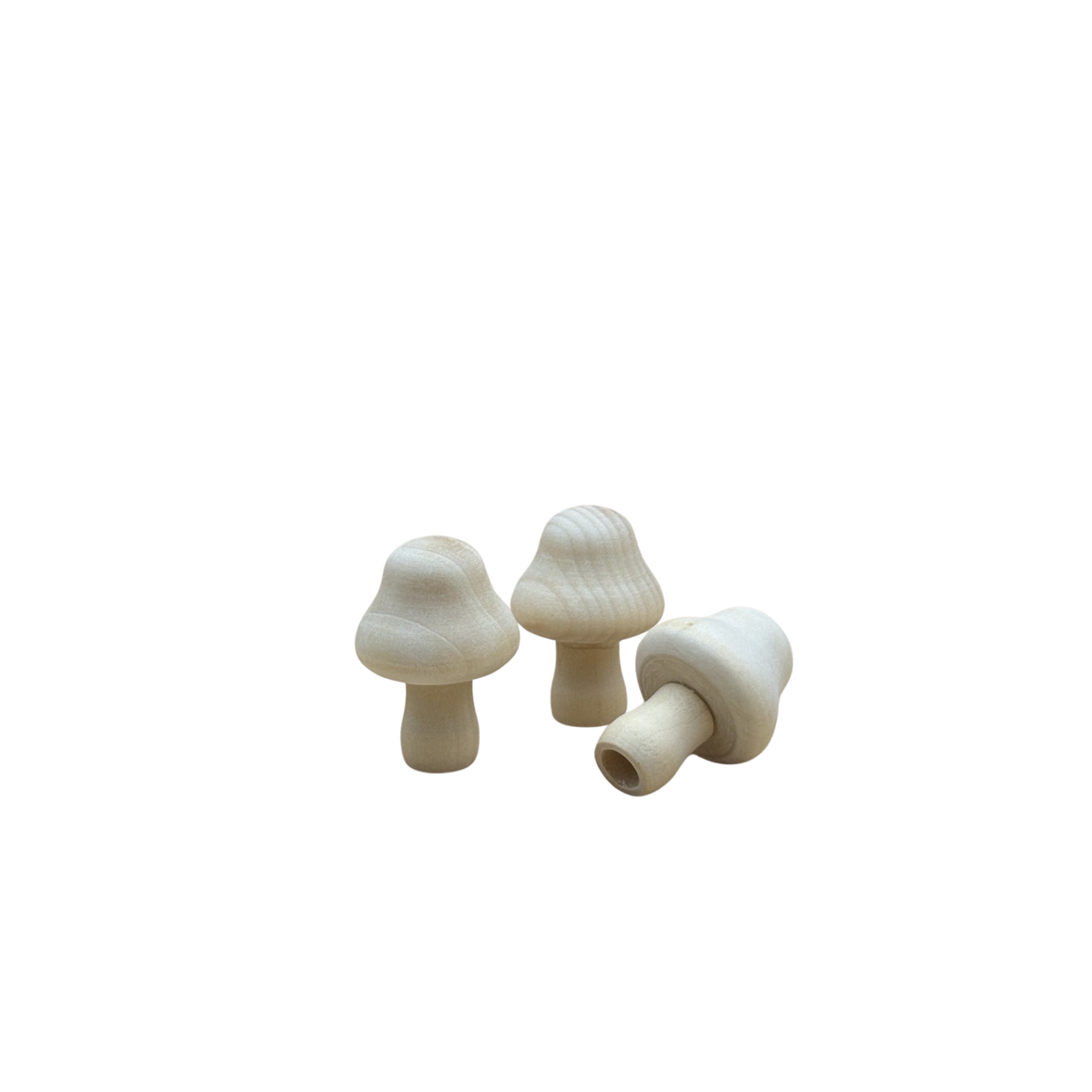 3 brede houten paddenstoeltjes van circa 3 cm in naturel kleur, waarvan er 1 ligt.