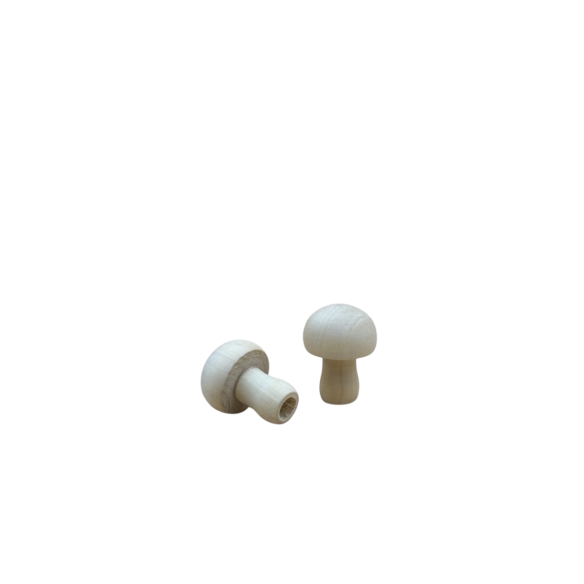 2 ronde houten paddenstoeltjes van circa 3 cm in naturel kleur, eentje staand en eentje liggend. 