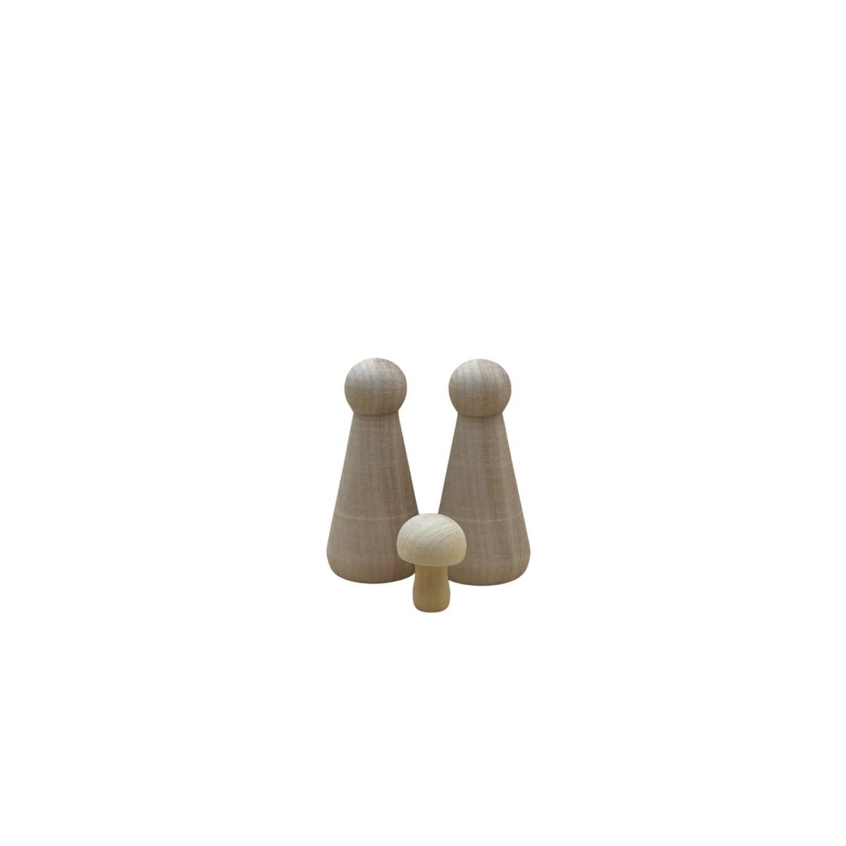 2 houten poppetje in kegelvorm van 8 cm met paddenstoel.