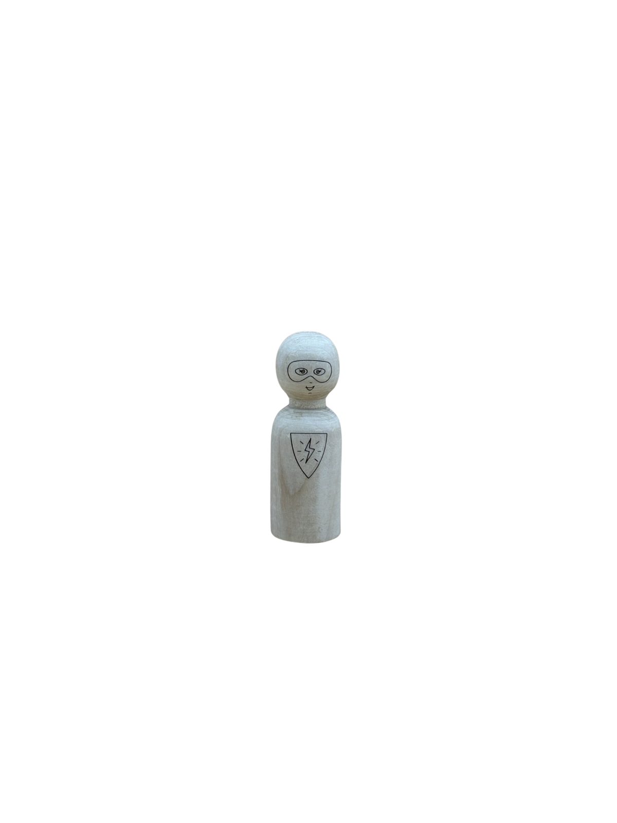 Afbeelding van 1 houten poppetje (pegdoll) met een gegraveerd superhelden masker en logo. 
