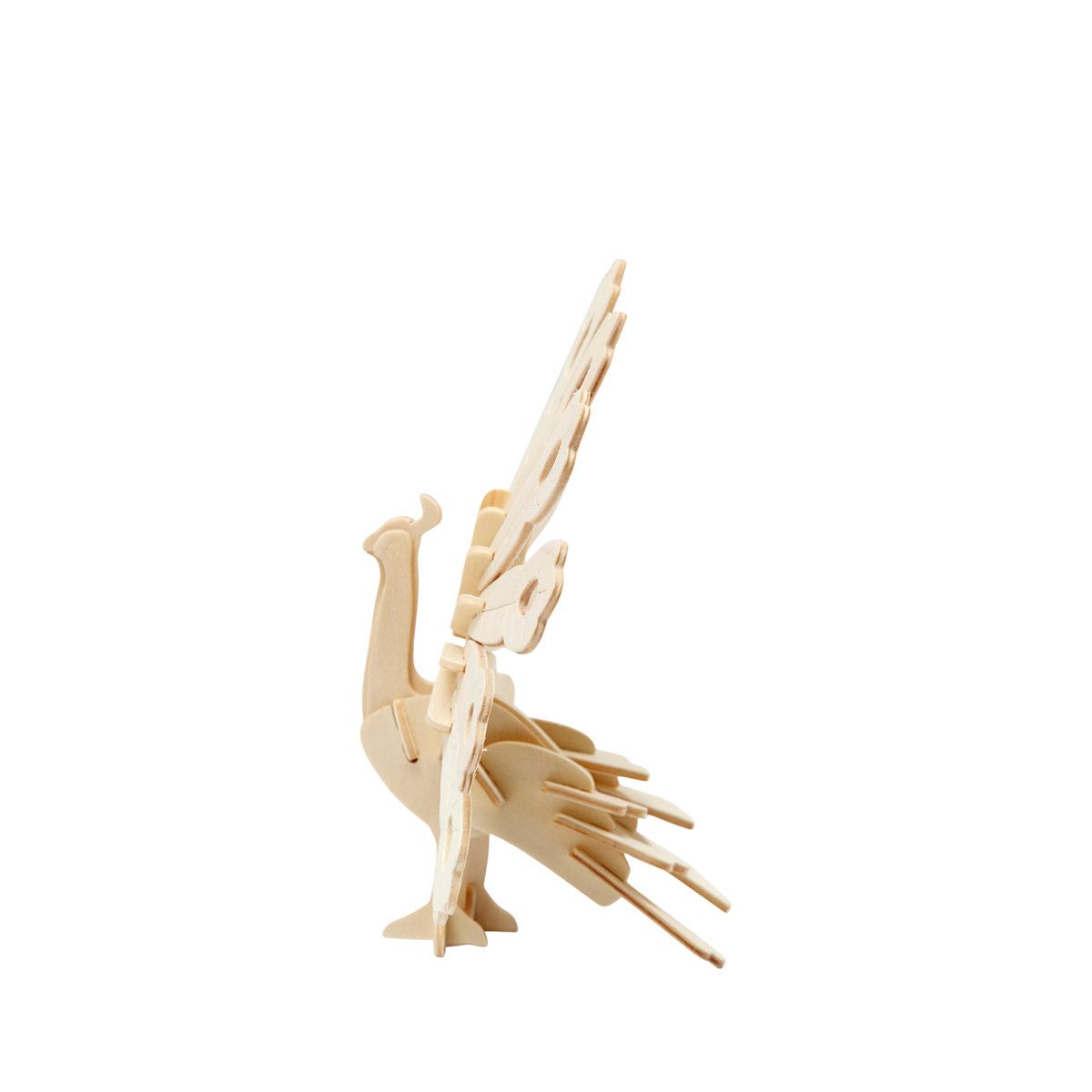 3D puzzel van een pauw van hout - zijaanzicht.