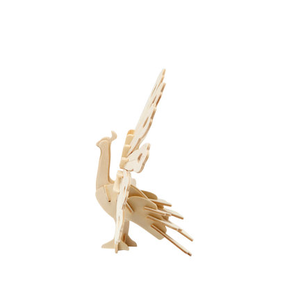 3D puzzel van een pauw van hout - zijaanzicht.