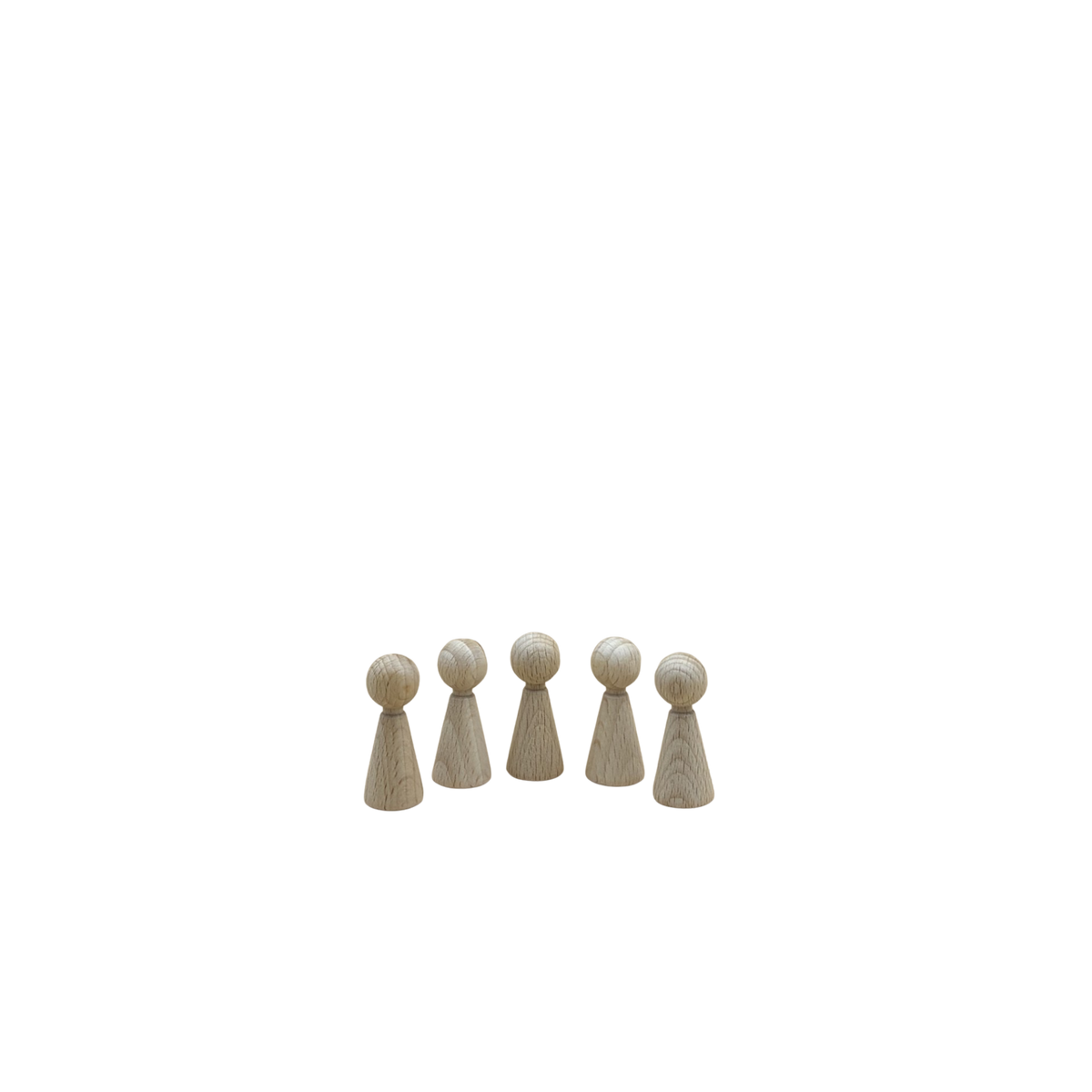 Set van 5 kleine houten kegelpoppetjes (pionnen). 