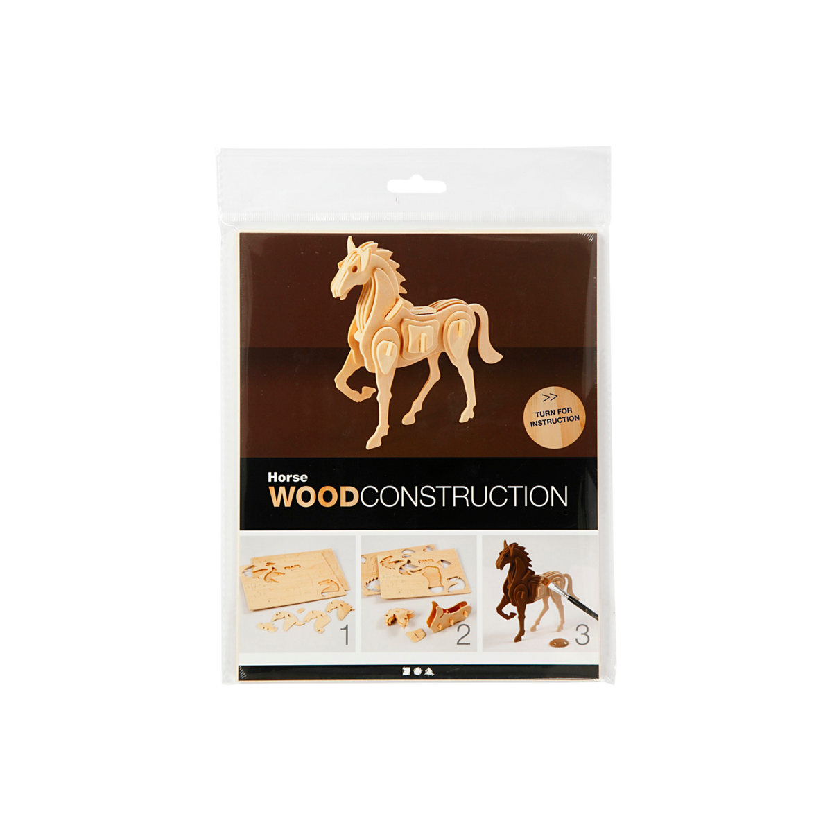 Verpakking van een 3D puzzel van een paard van hout. 