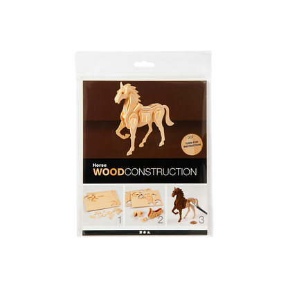 Verpakking van een 3D puzzel van een paard van hout. 