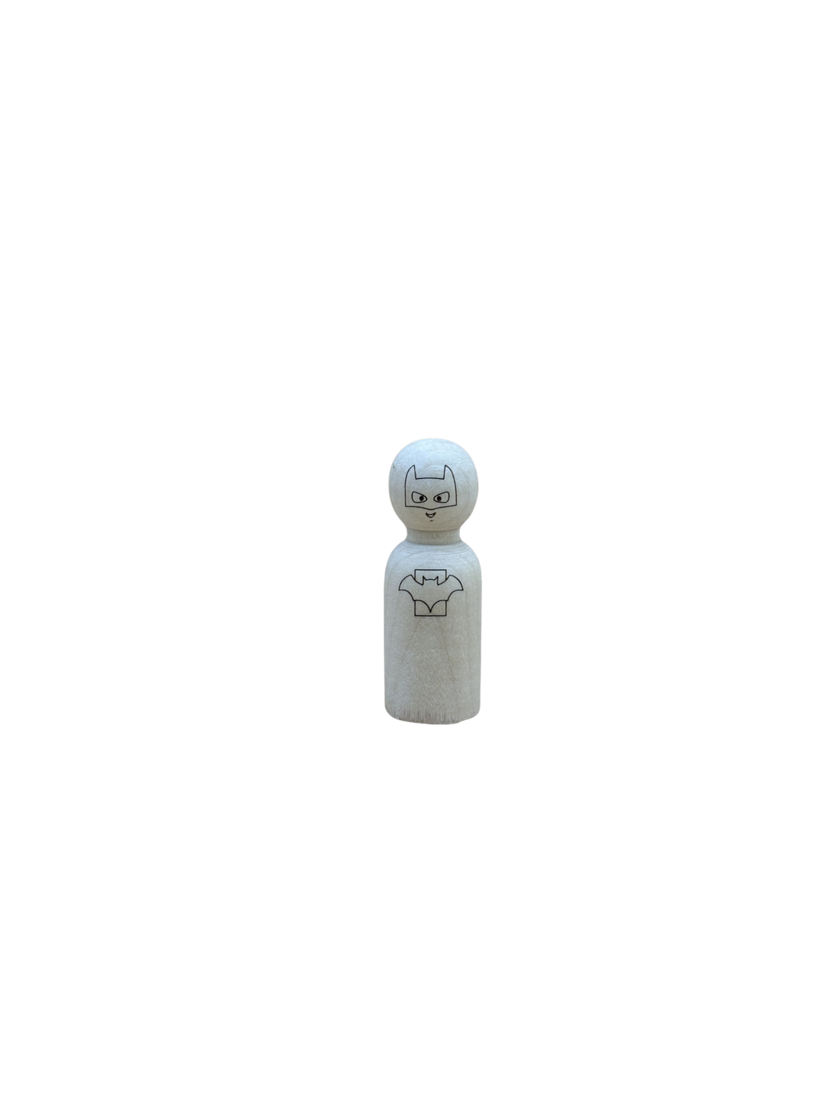 Afbeelding van 1 houten poppetje (pegdoll) met een gegraveerd superhelden masker en logo. 