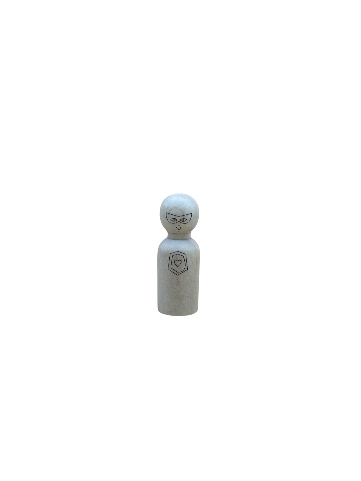 Afbeelding van 1 houten poppetje (pegdoll) met een gegraveerd superhelden masker en logo. 