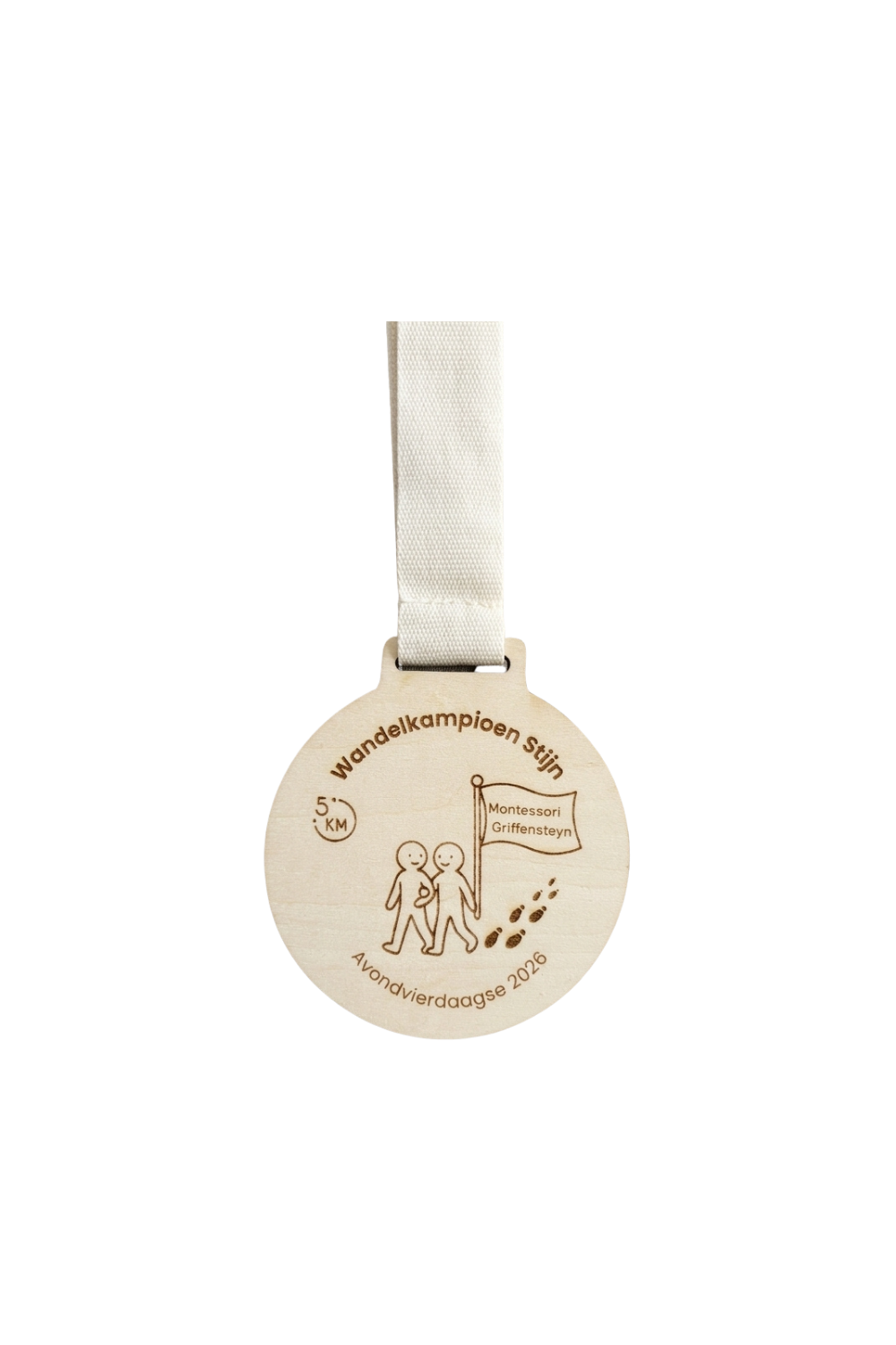Gepersonaliseerde houten medaille met lint.