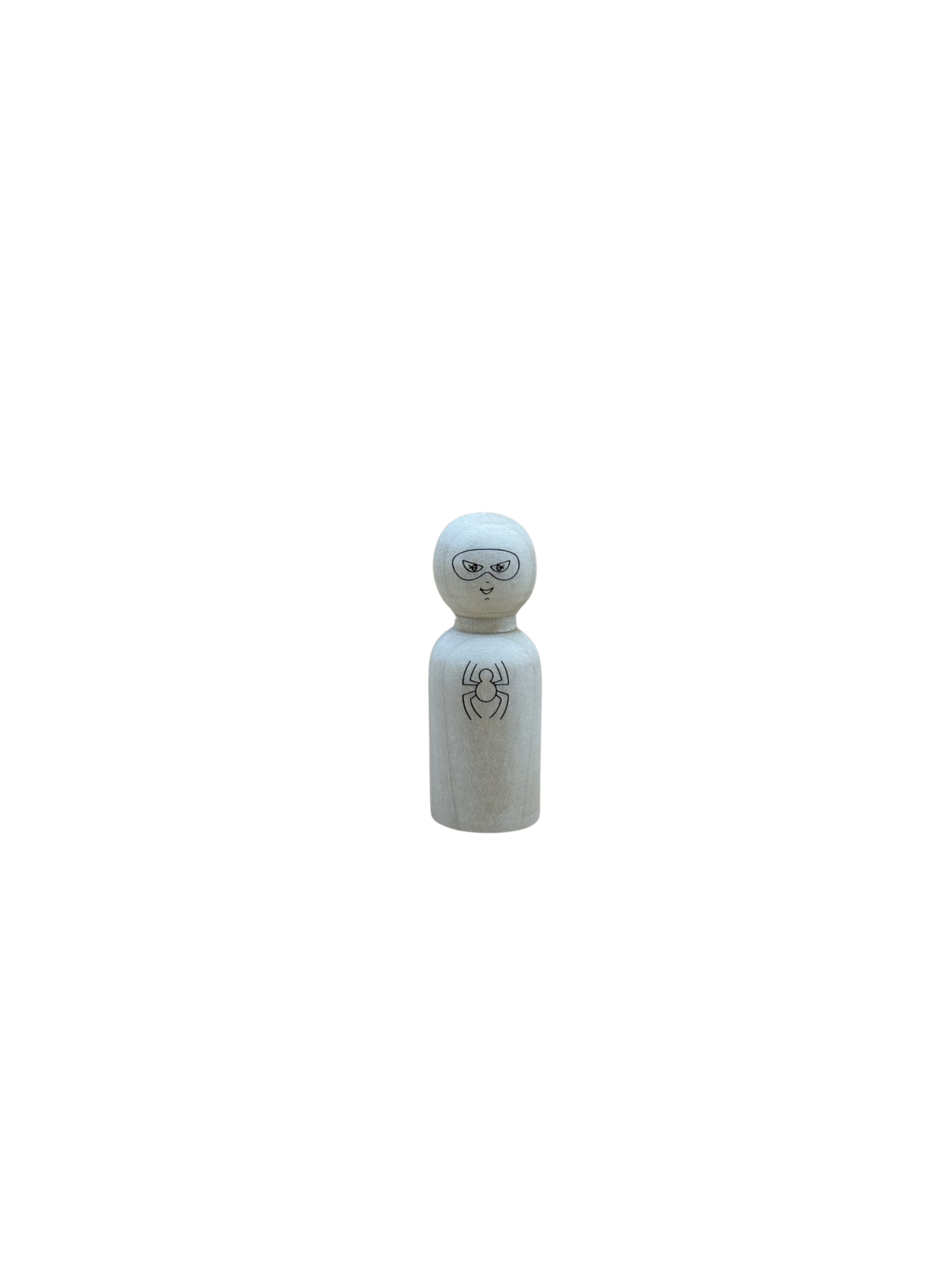 Afbeelding van 1 houten poppetje (pegdoll) met een gegraveerd superhelden masker en logo. 
