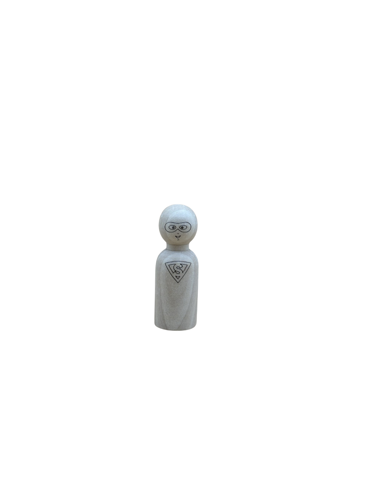 Afbeelding van 1 houten poppetje (pegdoll) met een gegraveerd superhelden masker en logo. 
