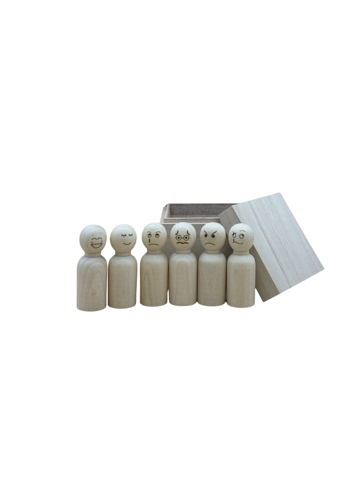 Set houten emotiepoppetjes met verschillende gezichtjes bij een ongegraveerd bewaardoosje.