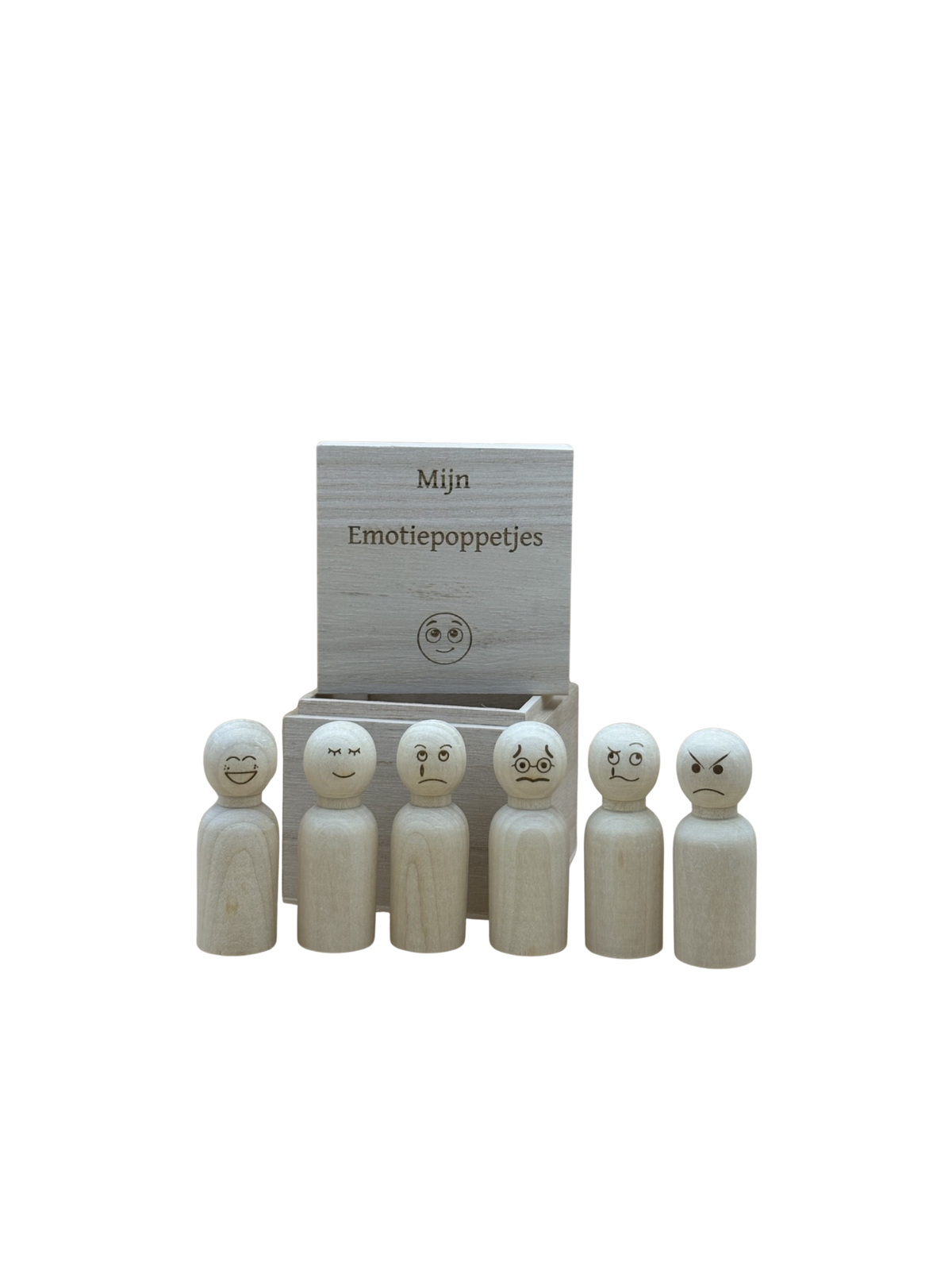 Set houten emotiepoppetjes met verschillende gezichtjes bij een gegraveerd bewaardoosje.