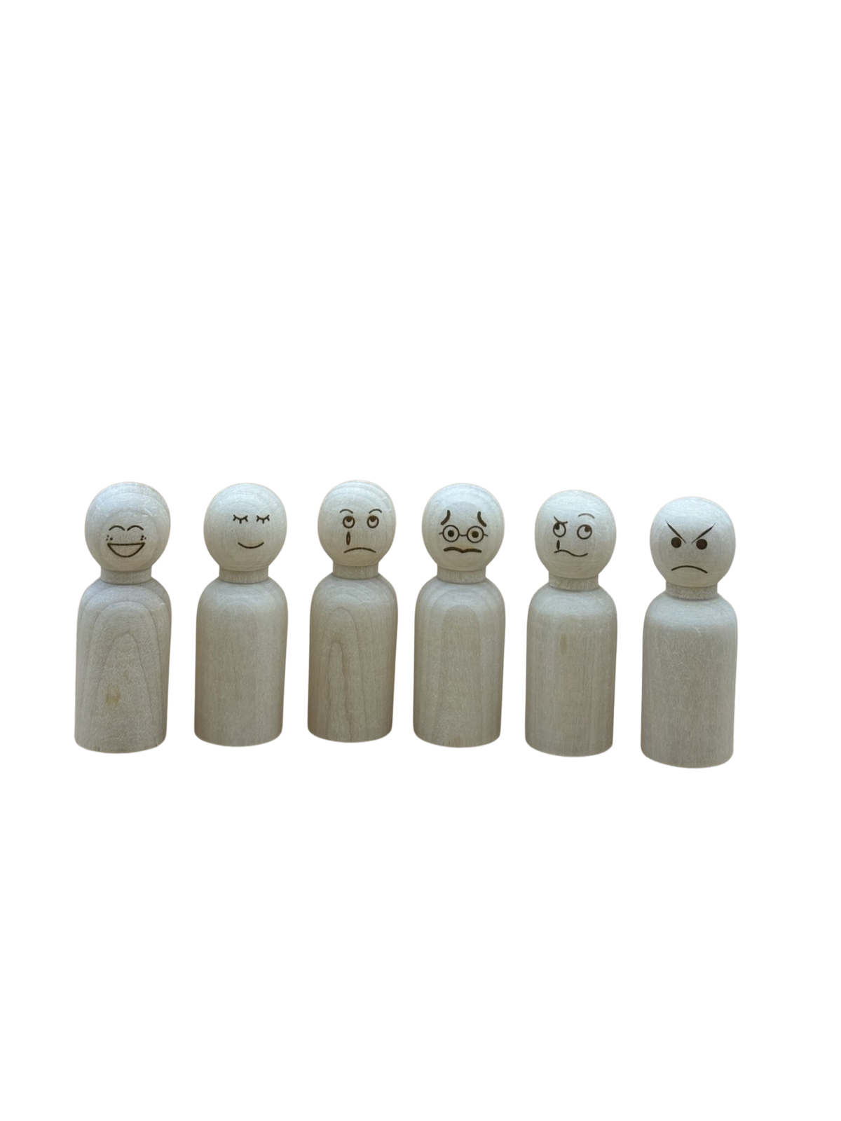 Set houten emotiepoppetjes met verschillende gegraveerde gezichtjes.