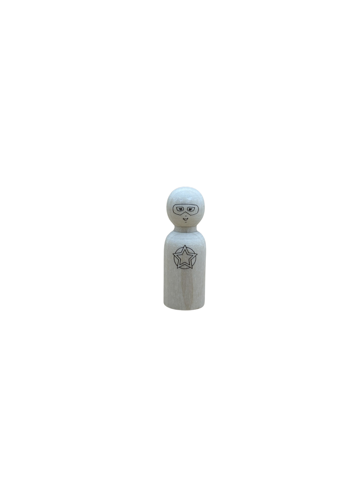 Afbeelding van 1 houten poppetje (pegdoll) met een gegraveerd superhelden masker en logo. 