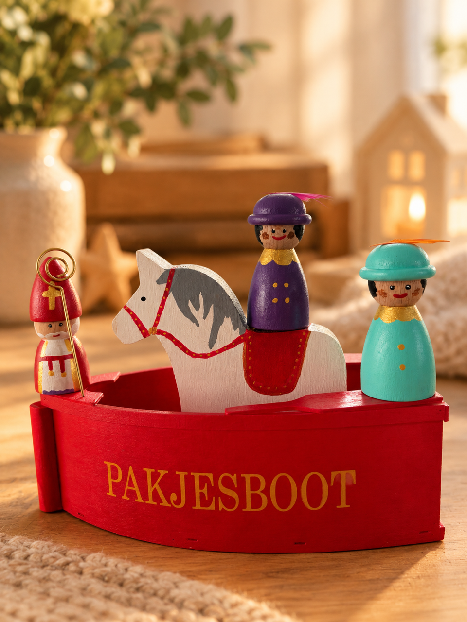 Complete set van pakjesboot van sinterklaas met geverfde pietjes, sinterklaas met gouden staf en het paard van Sinterklaas. Met gezellige achtergrond.