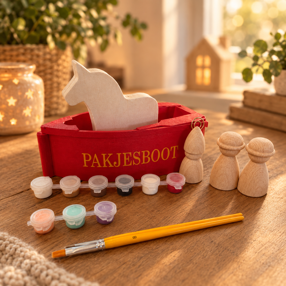 DIY knutselset sinterklaas met pakjesboot en ongeverfde pietjes, sinterklaas met gouden staf en het paard van Sinterklaas. En verf en kwasten erbij.