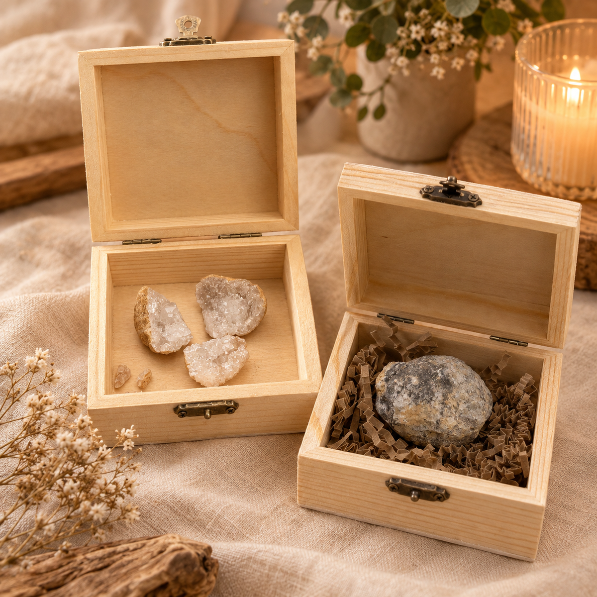 2 houten doosjes met 1 dichte geode en 1 opengebroken geode.