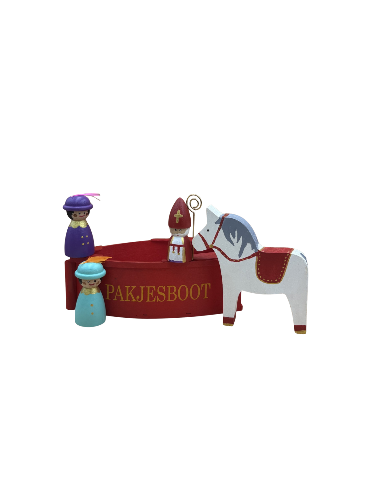 Complete set van pakjesboot van sinterklaas met geverfde pietjes, sinterklaas met gouden staf en het paard van Sinterklaas.